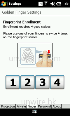 然後選定使用那根手指作辨識，再在辨識器上先後滑過 4 次，以將指紋紀錄保存在資料庫內。