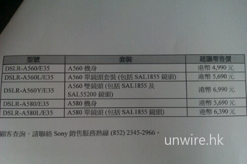 Sony A560 及 A580 以 $4,990 /$5,690 在港發售