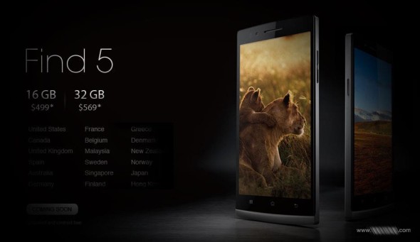 US$499 有 4 核、2GB RAM、5 吋 1080p、1300 萬像素．OPPO Find 5 行貨將登陸香港