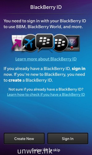 然後就設定 BlackBerry ID，如果以往未用過 BlackBerry 手機的話，就要設定一個了，因為日後如想使用 BBM（BlackBerry Messenger）與朋友聯絡的話，這是必須的。