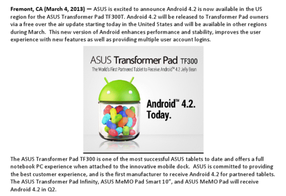 追上 Google 步伐！ASUS Transformer Pad TF300T 提供 Android 4.2 升級