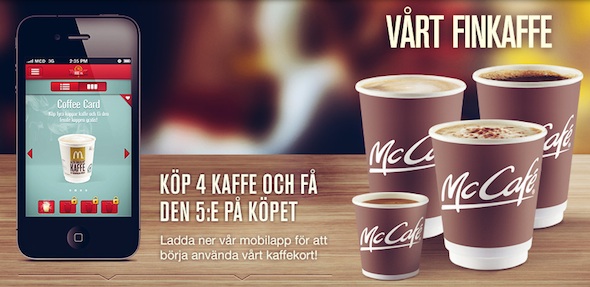 瑞典人愛咖啡簡直達瘋狂程度，所以 McCafe 也要來分一杯羹。優惠期間，買 4 送1。