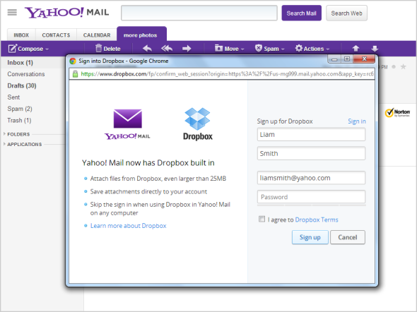 可傳＞25MB 檔案．Yahoo！Mail 整合 Dropbox