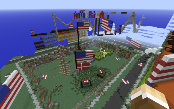 丹麥 Minecraft 慘遭炸彈襲擊，區內多處地方被坦克攻佔、插上美國國旗