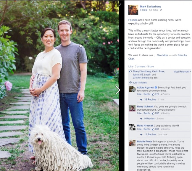 未出世囡囡都識俾 like？Zuckerberg 於 Facebook 宣佈將迎來首個愛情結晶品