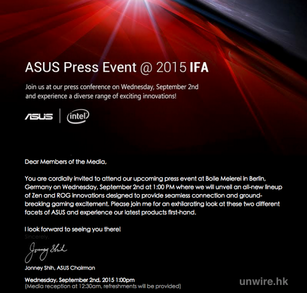 有新 Zenfone？ASUS 向傳媒發出 IFA 2015 邀請