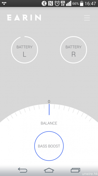 設有同名專屬 app《Earin》，可以獨立顯示兩邊耳機的電量之外，亦可調校左右聲道的平衡，以及開啟低音頻強功能。