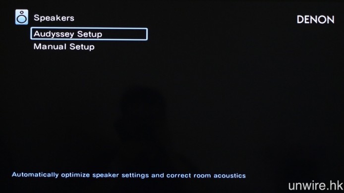 此機的自動音場校正模式為 Audyssey 的 MultEQ XT，因此需要選擇「Audyssey Setup」。