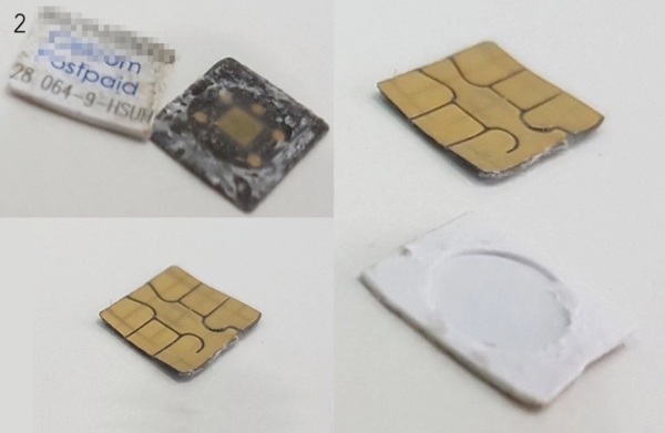 2. 用打火機燒 SIM 卡，再將晶片抽出