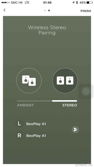 開啟另一隻 A1 藍牙喇叭後，應用程式便會自動偵測及連線，作立體聲設定輸出。