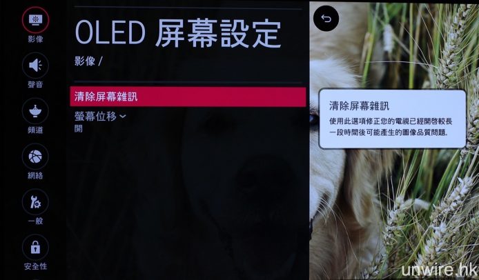 外國經常有網上評論指 OLED TV 長時間使用會有燒印問題，LG 特此在新型號加入名為「清除屏幕雜訊」功能，用以避免屏幕出現燒印問題。