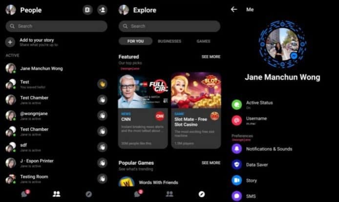 Facebook Messenger 測試 Dark Mode 暗黑模式