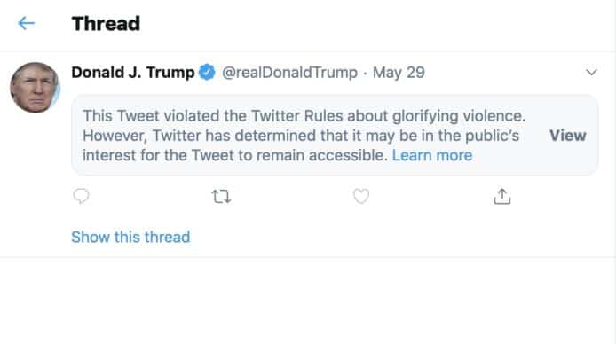 特朗普貼文再被 Twitter 標籤　指其美化暴力行為