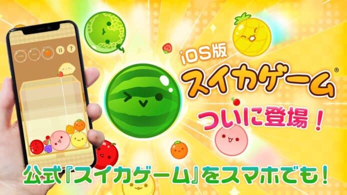 手持一部 iOS 裝置 iPhone 玩遊戲，西瓜遊戲，卡通西瓜