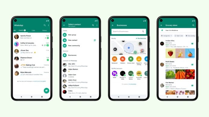 4 部 Android 手提電話，畫面正在 WhatsApp，分別是對話、設定等