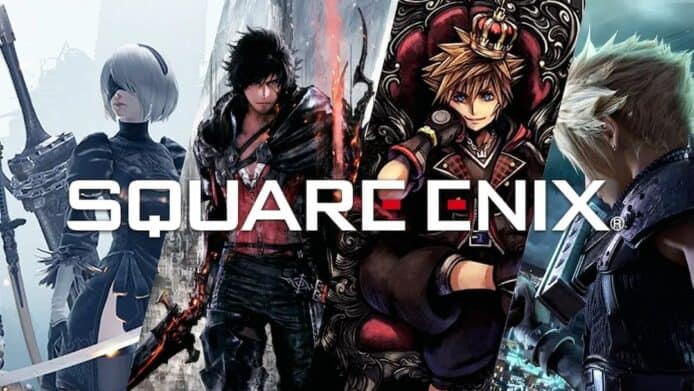 squre enix的Logo，背景是旗下大作Final Fantasy、尼爾：自動人形